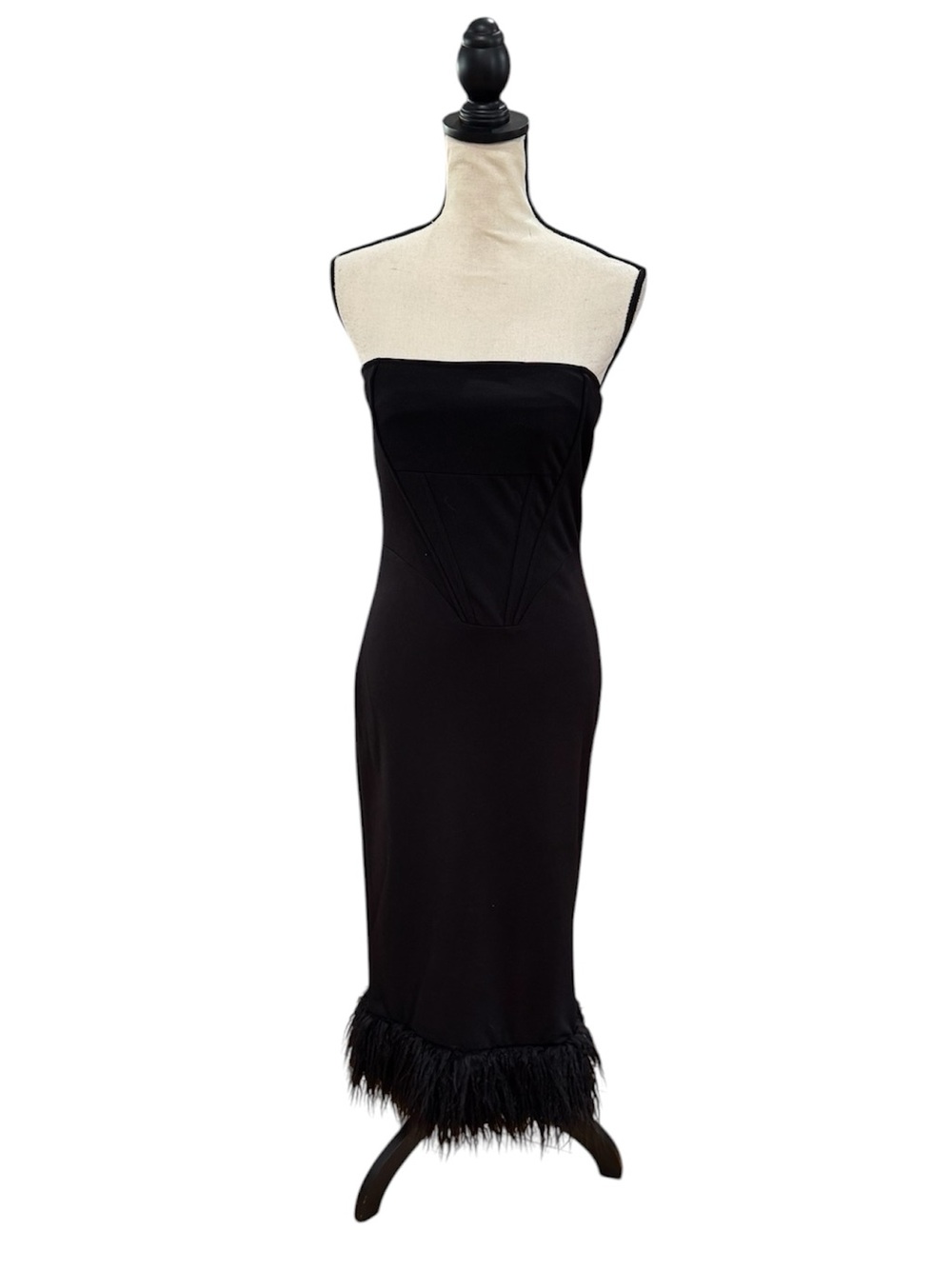 Strapless Black Midi Dress with Feather Hem